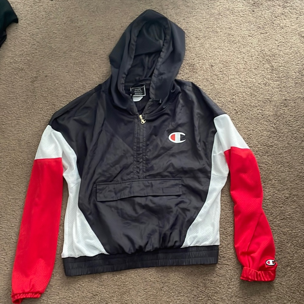Champion Red Grey White Long Sleeve Hooded, Mesh Shirt Size Medium